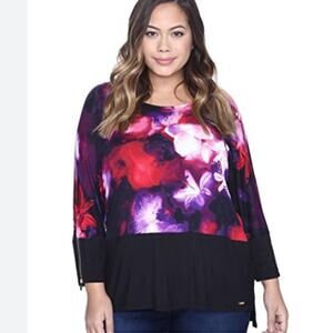 CALVIN KLEIN Top Shirt NWT Black Floral Print Boatneck 3/4 Slv 1X XL Mature Plus